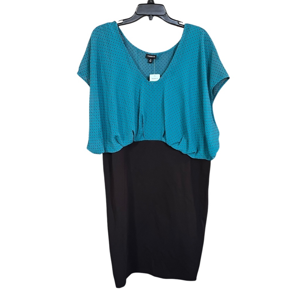 NWT Torrid Blue & Black Dot V-Neck Chiffon Ponte Knit Bodycon Midi Dress Size 2